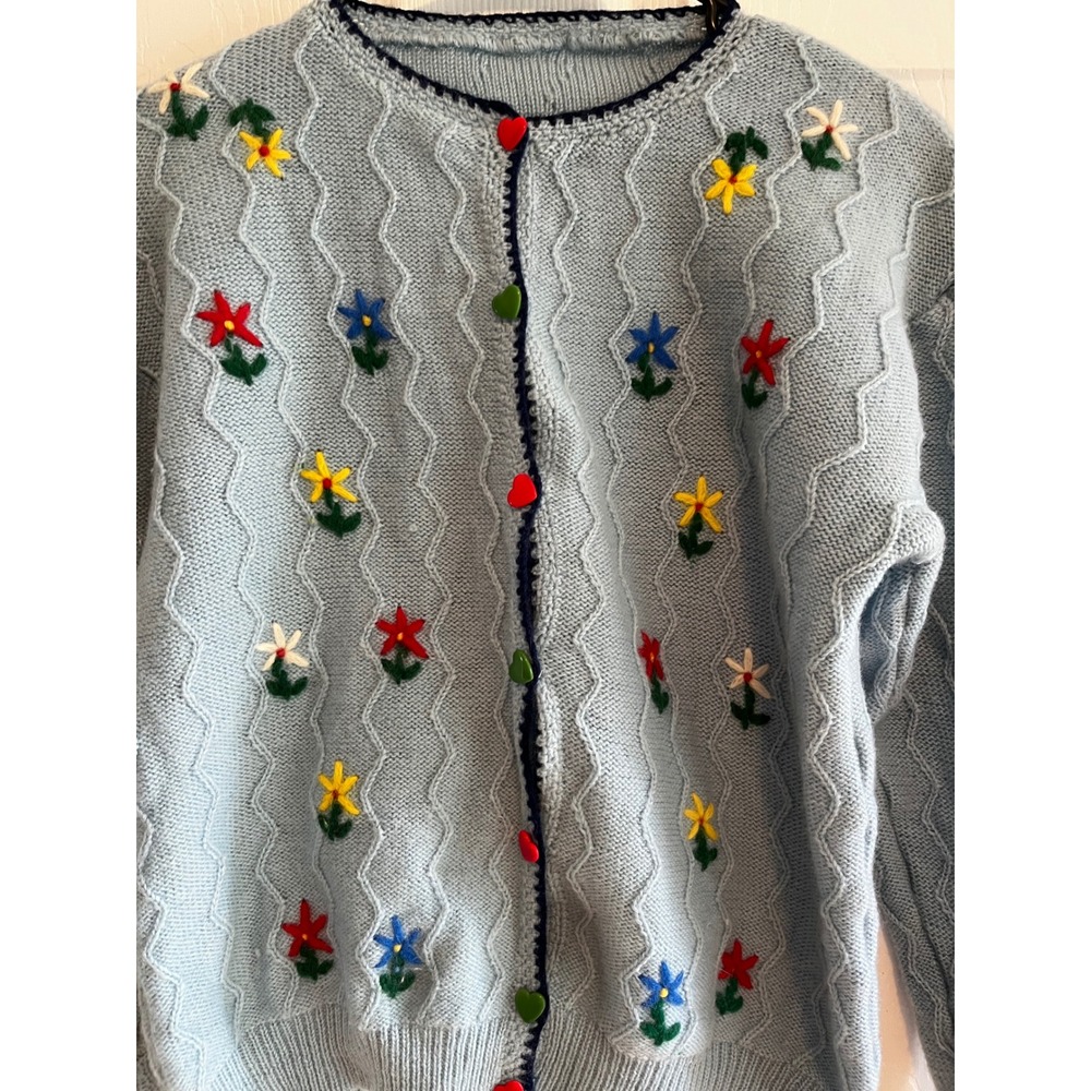 Wool Blend Embroidered Floral Knit Cardigan Sweater Cottagecore Heart Buttons - Picture 2 of 9